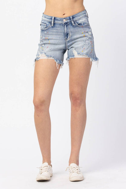 MID-RISE RAINBOW PAINT SPLASH CUTOFF SHORTS (XL Only)
