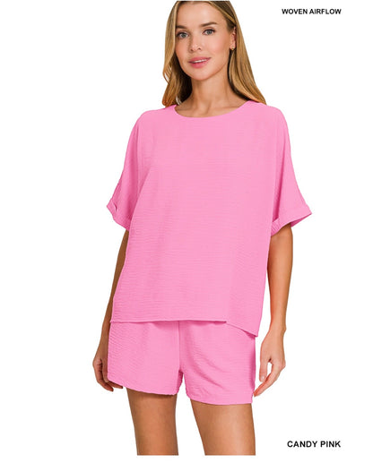 Zenana Woven Air Flow Shirt & Short Set