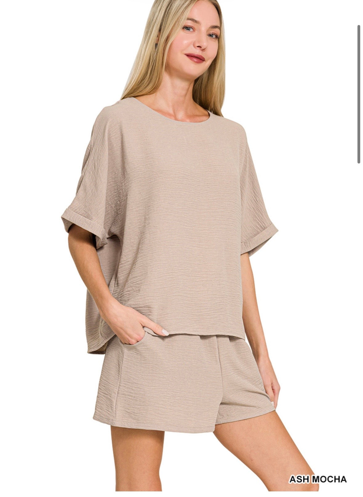 Zenana Woven Air Flow Shirt & Short Set