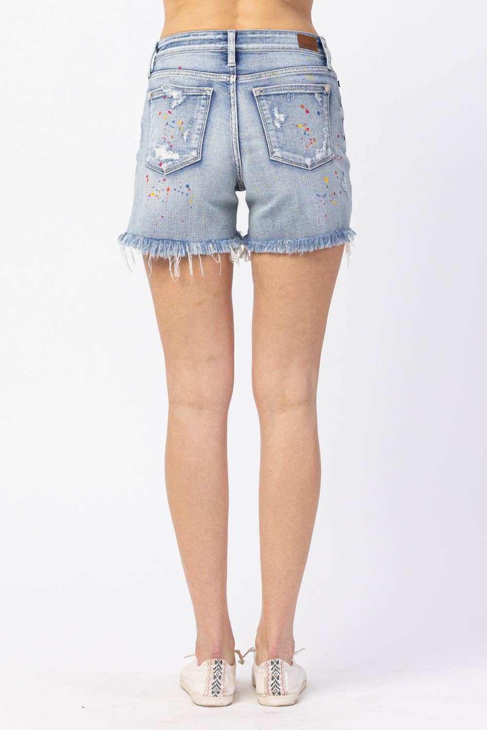 MID-RISE RAINBOW PAINT SPLASH CUTOFF SHORTS (XL Only)