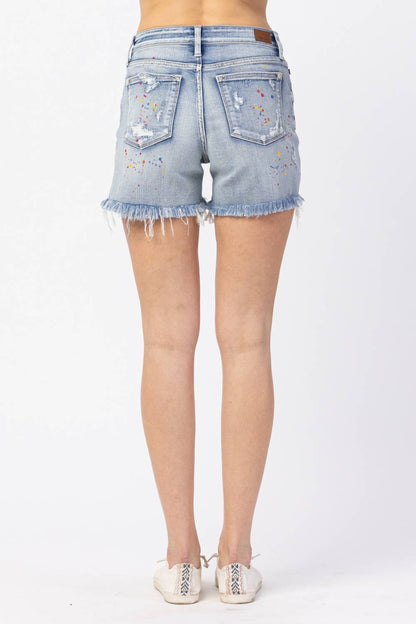MID-RISE RAINBOW PAINT SPLASH CUTOFF SHORTS (XL Only)