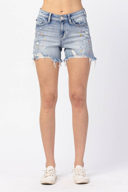 MID-RISE RAINBOW PAINT SPLASH CUTOFF SHORTS (XL Only)